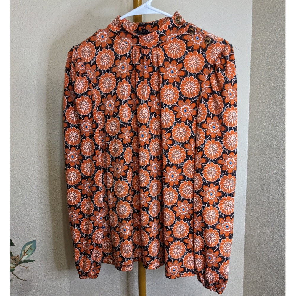 70s Floral Mock Neck Blouse Gold Button Shoulder Large